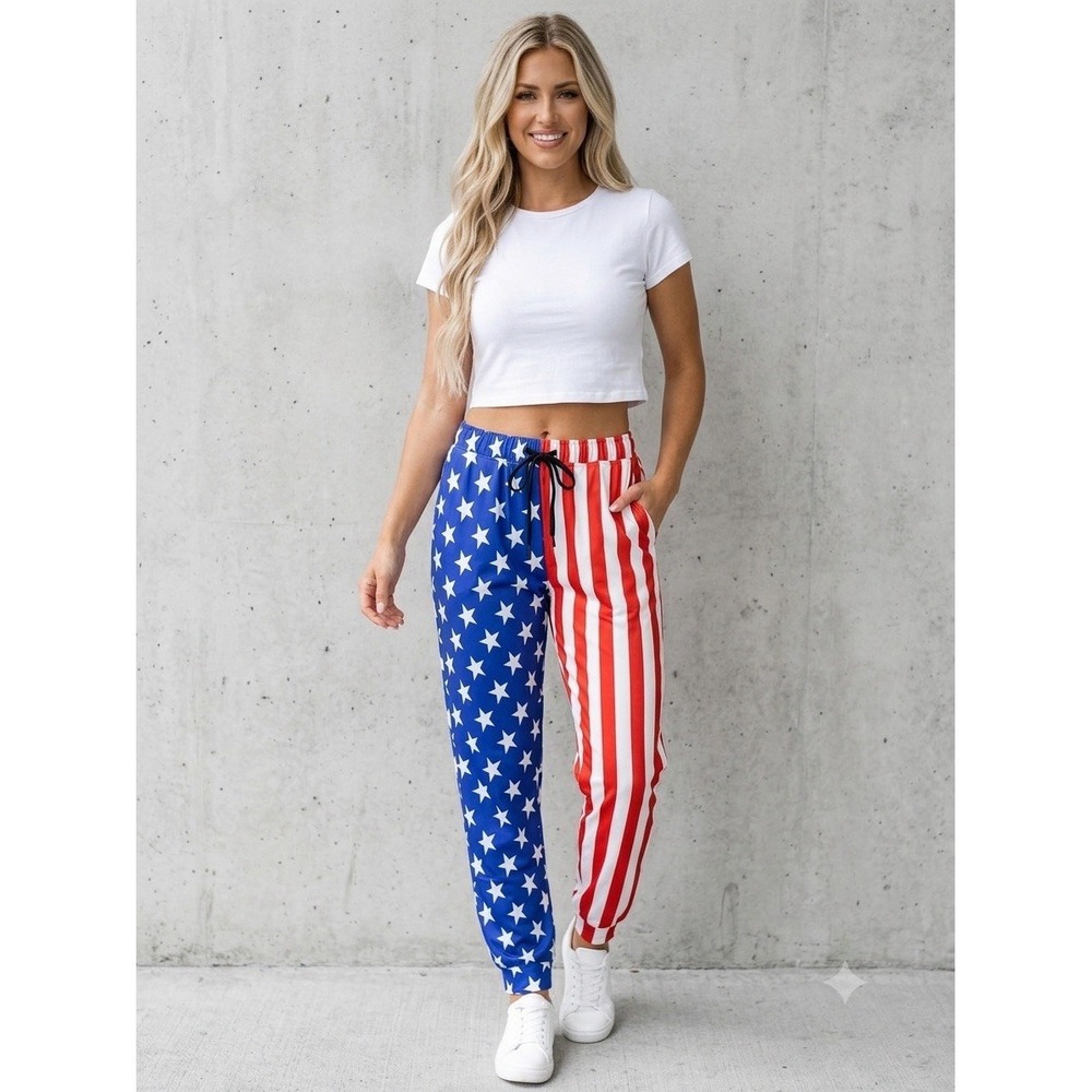 Women's Fourth of July American flag joggers pants Red White Blue size small